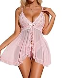 RSLOVE Sexy Babydoll Lingerie for Women - Lace Chemise Negligees Open Front Sleepwear with Thong Pink S