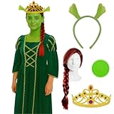 Princess Ogre Costume for Adults – Green Fiona Princess Dress with Ogre Ears, Tiara Crown, Plait Wig & Face Paint – Fairy Tale, Movie & Halloween - Standard UK 10-14 | X-Large - UK 16-20
