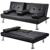 Yaheetech Click Clack Sofa Bed Faux Leather 3 Seater Sofa Couch Living Room/Spare Room/Guest Room Bed Settee With Cup Holders Black