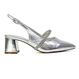 ESSEX GLAM Womens Low Heel Bridal Shoes Ladies Pull On Slingback Diamante Strap Silver Wedding Party Pointed Toe Courts Pumps Size 3