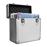 Maison & White Vinyl Record Storage Case – Aluminium DJ Box Holds 50 LPs – Secure Locking Chest for 12” LPs, Albums & Singles – Heavy Duty Collector Case with Handle – Silver Audio Storage – M&W