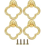 QACUU 4pcs Vintage Brushed Brass Cabinet Knobs, Decorative Gold Drop Ring Handles for Drawers, Ideal for Cupboard Doors, Wardrobe or Kitchen Furniture(with Screws)