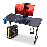 T-THREE.Gaming Desk 120 x 60cm Large metal-framed computer desk with carbon fibre finish, with cup holder and headphone hook, PC gaming desk for home office, easy assembly