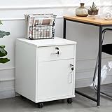 LEMROE 2 Drawer Mobile File Cabinet with Lock and Wheels Industrial Style Wooden Filing Cabinets for Home Office (white, 1 drawer + 1 cabinet)