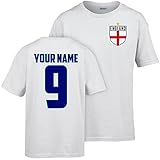 Personalised England Football Shirt Kids 2025, Boys and Girls Your Custom Name and Number Printed England Tshirt Top, New Updated 2025 kit, Retro Gifts for English Fans, 7-8 Years, White