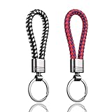 LynixTrade 2 Pcs Key Rings, Leather Keyrings for Women and Men, Car Keychain Rings, Leather Key Fobs Holder, Personalised Car Keys Ring Clips, Keyrings Black and White, Red and Blue