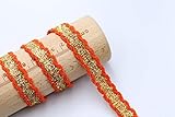 Feathers Creation 3 Meters 15 MM Beautiful Color with Gold Zari in Center Braided Lace Craft Embellishment Decoration,sew on or Christmas Decoration (Orange)