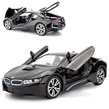 TGRCM-CZ 1/24 Compatible with BMW I8 Model Car, Zinc Alloy Pull Back Toy car with Sound and Light for Kids Boy Girl Gift(Black)