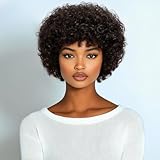DÉBUT Short Curly Wig 100% Human Hair Wigs For Women Dark Brown Afro Curly Wig with Bangs Pixie Cut Wig Brazilian Remy Hair (8 inches, 2)