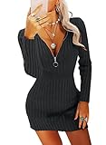 Ebifin Sweater Dresses for Women Sexy Jumper Dresses Knitted Zip-up V Neck Long Sleeve Winter Pullover Dresses.Black.S