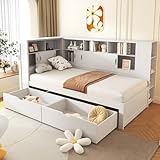 Merax Cabinet Platform bed with trundle & bookcase & USB, Single Wooden Storage Bed for Children Adults, 2 storage drawers, dust-proof cabinet and shelves, 90 x190 cm, White