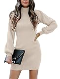 Timuspo Ladies Jumper Dress Long Sleeve Solid Color Turtleneck Knit Sweater Dress Casual Autumn Winter Dresses for Women Apricot