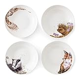 Wrendale Designs Royal Worcester 22 Centimetre Ceramic Pasta Bowl Hedgehog Badger Fox and Owl Set of 4, White