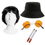 Adults Rock Band Accessory Set - Reversible England Bucket Hat, Black Wig, Round Orange Glasses, 2 Fake Cigarettes - Adults 5-Piece Music Best of British Party Fancy Dress Costume Accessory Set