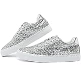 Jeekopeg Glitter Sparkly Fashion Sneakers Shoes Shiny Casual Shoes Bling Sequin Concert Low Cut Lace up Shoes, Silver Glitter, 10 Women/8 Men