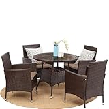 4 Seater Rattan Garden Furniture Dining Set 5 Piece Indoor, Outdoor, Patio, Conservatory Armchairs & Round Parasol/umbrella Table (Dark Brown Mixed With Dark Brown Cushions) FREE RAIN COVER INCLUDED