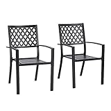 PHI VILLA Metal Garden Chairs Set of 2 Outdoor Patio Stackable Dining Chairs E-Coating Metal Frame Garden Dining Chairs With Armrests Black Weather Resistant 2 Pack