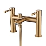 Gold Bath Taps with Shower,Luckyhome Bath Shower Filler Mixer Tap Double Lever Chrome Solid Brass with Shower Hand