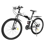 TESUGN 26 Inch Folding Mountain Bike, 21 Speed Mountain Bike Gears Folding Bicycle Unisex Adult Foldable Bike With Dual Disc Brake Full Suspension MTB Bike for Outdoor Travel Camping, Black