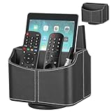 Esilihom Remote Control Holder, TV Remote Holder, PU Leather | 360 Degree Rotatable | 5 Compartments,Desk Organizer for Glasses, Pens, Pencils, Scissors, Makeup Brush, Black