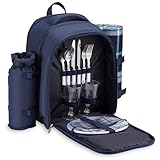 VonShef Picnic Backpack, 2 Person Navy Picnic Bag with Full Dining & Cutlery Set, Insulated Cooler Compartment & Large Waterproof Blanket, Lightweight Water Resistant Camping Accessories