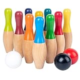 Lawn Bowling Games Wooden Backyard Skittles Game Set with 10 Skittles, 3 Balls and Mesh Bag for Kids, Adults, Indoor and Outdoor Use