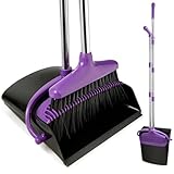 XXFLOWER Dustpan and Brush Sets Long Handle Broom and Dustpan Set with Comb Teeth Upright Sweeping Brush Set for Indoor Kitchen Purple