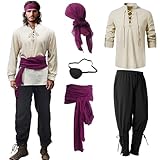 Vercico 5 Pieces Pirate Costume Adult Men Eye Patch Medieval Shirt Trousers Bandana Belt, Pirate Outfit Halloween Costumes for Carnival, Cosplay Parties (Khaki, XL)