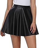 Fahsyee Plus Size Leather Skirt, Women's Black Pleated Skater Mini A-line Vegan Faux High Waist Casual Stretchy Size L