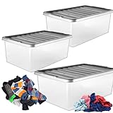 STORM TRADING GROUP 3 x Underbed Storage Containers 32 Litre Large Big Plastic Underbed Storage Clear Boxes With Silver Lids Strong Durable Stackable Containers
