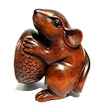 HXSCOO 2 INCH Boxwood Hand Carved Netsuke Sculpture Miniature Mouse And Fish