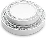 MATANA 40 Premium White Plastic Plates with Silver Lace Rim - 20 Dinner and 20 Dessert Plates - Elegant & Reusable Party Tableware for Weddings, Birthdays, Picnic, Parties