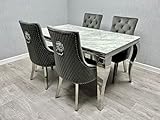 ASR INTERIORS Grey & Silver Marble Dining Table with 4 Grey Plush Velvet Lion Knocker Chairs | Luxury 150cm Marble Dining Set with Quilted Tufted Chairs – Modern Dining Room Furniture