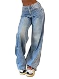 Women Low Rise Baggy Jeans Y2K Straight Wide Leg Loose Boyfriend Denim Pants with Pockets E-Girls Streetwear (A-Blue, S)