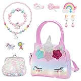 Aleker Unicorn Handbag with Princess Jewelry Set for Girls 3-8 Years - Dress Up Accessories