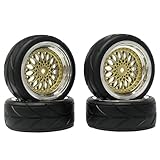 KINGCOO RC Car Tyres and Wheels Set, 4PCS 64mm Rubber Tires and Plastic Plating Wheel Rims Set 12mm Hex for 1/10 RC On Road Run-flating Touring Racing Drift Car Tyre (Gold/Silver)