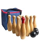 Wooden Bowling Game Throwing Bottles Outdoor Lawn Game for Family Pins Game Set with Carring Bag (H 26cm, 10 pins+3 balls)