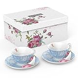 London Boutique Tea Cup and Saucer Set 2 Afternoon Tea Set New Bone China Vintage Flora Gift Box 200m (Blue)