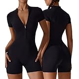 Women's Sexy Jumpsuits and Rompers with Zip Short Sleeve One Piece Summer with V Neck Jumpsuit for Fitness Yoga Casual Workout Ribbed Bodysuit