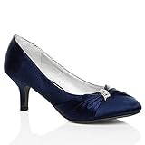 Womens Satin Heels Ladies Wedding Bridal Bridesmaid Stiletto Low Mid Kitten Heel Diamante Buckle Evening Party Prom Slip On Close Toe Smart Formal Classic Shoes (Navy, UK 6)