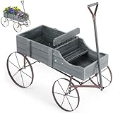 GiantexUK Wooden Wagon Garden Planter, Flower Cart with Long Handle and Flexible Wheels, Outdoor & Indoor Decorative Wheelbarrow Flower Pot Stand (Grey)