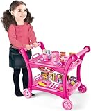 Kids Tea & Cake Trolley Pretend Play Set – 28 Piece Pink Push Along Toy Cart with Play Food, Toy Cakes, Cups & Cutlery – Childrens Kitchen Roleplay Afternoon Tea Party Set for Girls & Boys Aged 3+