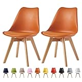 mcc direct Set of 2 Dining Chairs Wooden Legs Soft Cushion Pad Stylish DELUXE Retro Lounge Dining Office EVA (Orange)