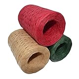 3 Rolls 100M Christmas Matte Raffia Paper Ribbon, Natural Red Green Raffia Paper Ribbon Xmas Raffia Twine for Gift Wrapping