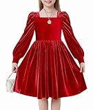Arshiner Girls Velvet Dress Winter Elegant Party Dresses with Square Neck Lantern Sleeves Casual Long Sleeve Dress for Kids 10-11 Years Red