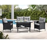 EVRE Anthracite Florence Garden Rattan Furniture Set 4 Piece Seat 1 Sofa 2 Chair Dining Outdoor Conservatory Wicker Weave Lounge Sofa and Glass Top Table with Cushions
