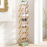 JF HOME BLISS Folding Shoe Storage Rack 8 Tier Vertical Shoe Rack Bamboo Freestanding Organiser No Assembly Slim Narrow Storage Shelf for Small Spaces Hallway Bedroom Entryway Corne (Wood Colour)