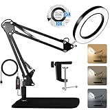 15X 10X Magnifying Glass with Light and Stand, 2 in 1 Magnifying Desk Lamp with Clamp & Base, 3 Color Modes Dimmable with Swing Arm, LED Lighted Magnifier Light for Reading, Repair, Crafts, Close Work
