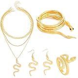 Reaky Snake Jewelry Set Gold Layered Necklace Earrings Medusa Snake Costume Hollween Jewelry for Women (Pack of 4) (4 PCS Gold Necklace Earrings Ring Bracelet)