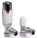 TC Angled Thermostatic Radiator Valve TRV & Lockshield 15mm x 1/2" Drayton TRV4 Style Chrome White Angle Pack EM